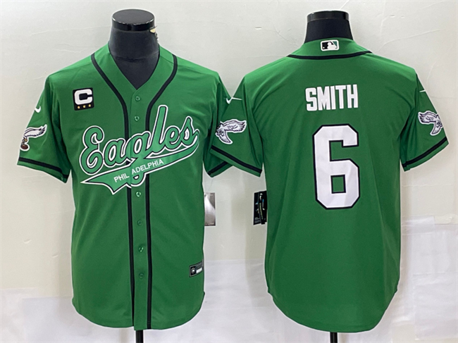 Men's Green Philadelphia Eagles #6 DeVonta Smith With C Patch Cool Base Stitched Baseball Jersey